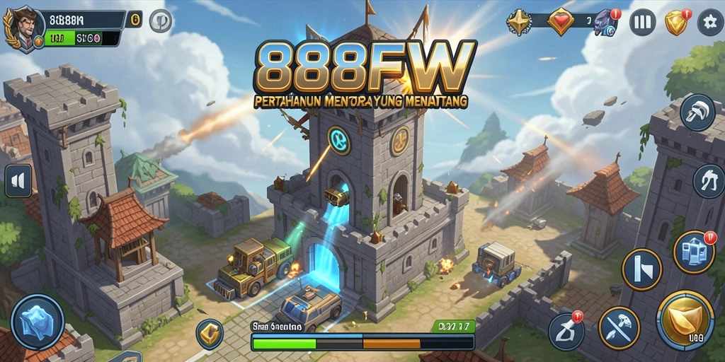 Screenshot gameplay Tower Defense menampilkan menara dan musuh.