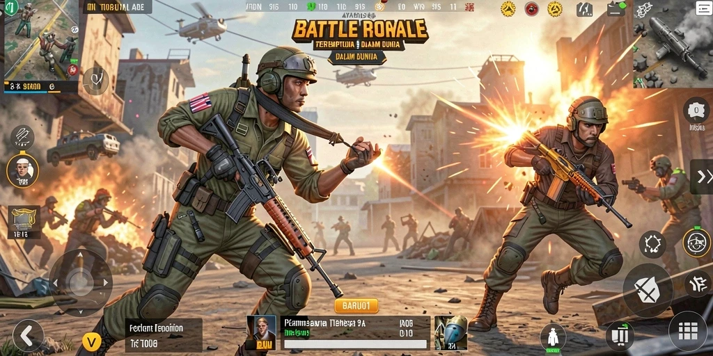 Tangkapan layar utama BARU01 menampilkan aksi intens dari gameplay Battle Royale.