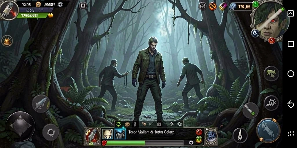 Screenshot gameplay D06 menampilkan suasana hutan yang gelap dan menyeramkan.