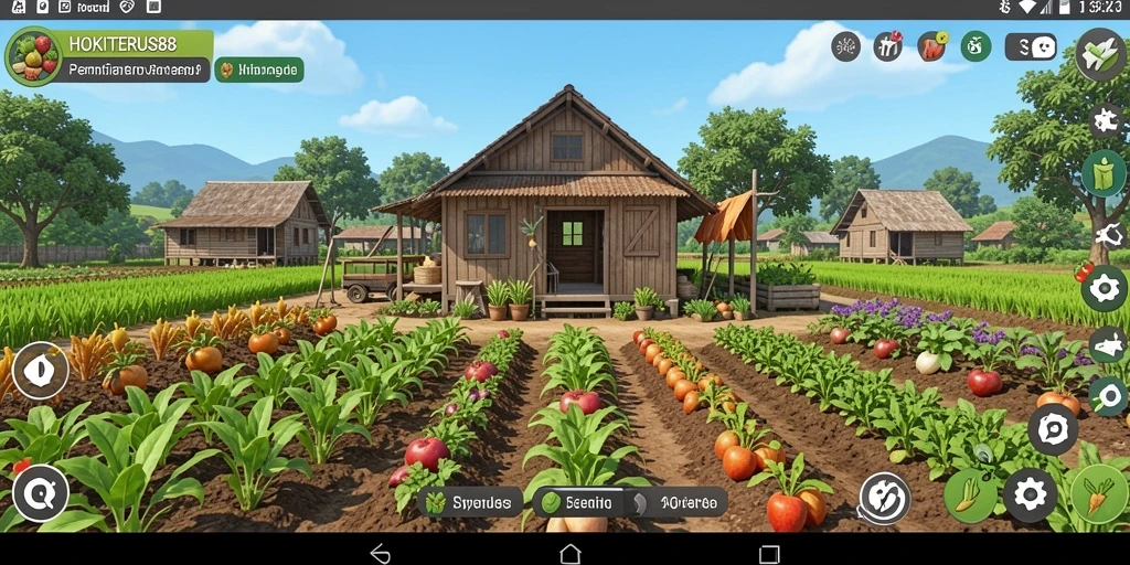 Tangkapan layar gameplay HOKITERUS88 menampilkan ladang yang subur dan beragam tanaman.