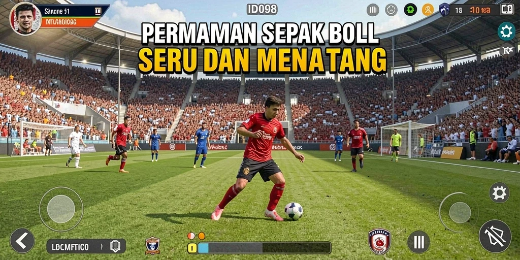 Screenshot gameplay ID098 menampilkan aksi sepak bola yang seru dan mendebarkan.