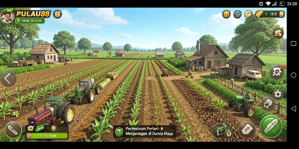 Tampilan screenshot PULAU88 yang menunjukkan kebun yang subur dan hewan ternak.