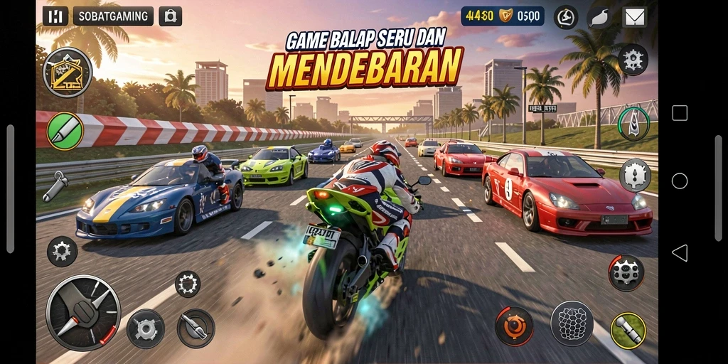 Tangkapan layar gameplay SOBATGAMING dengan aksi balap mendebarkan.
