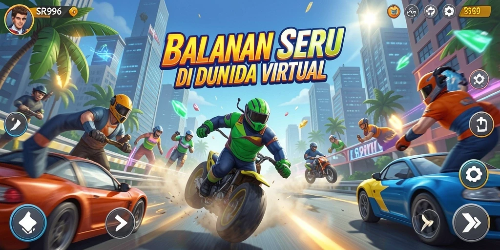 Screenshot gameplay SR996 yang menampilkan balapan yang mendebarkan.